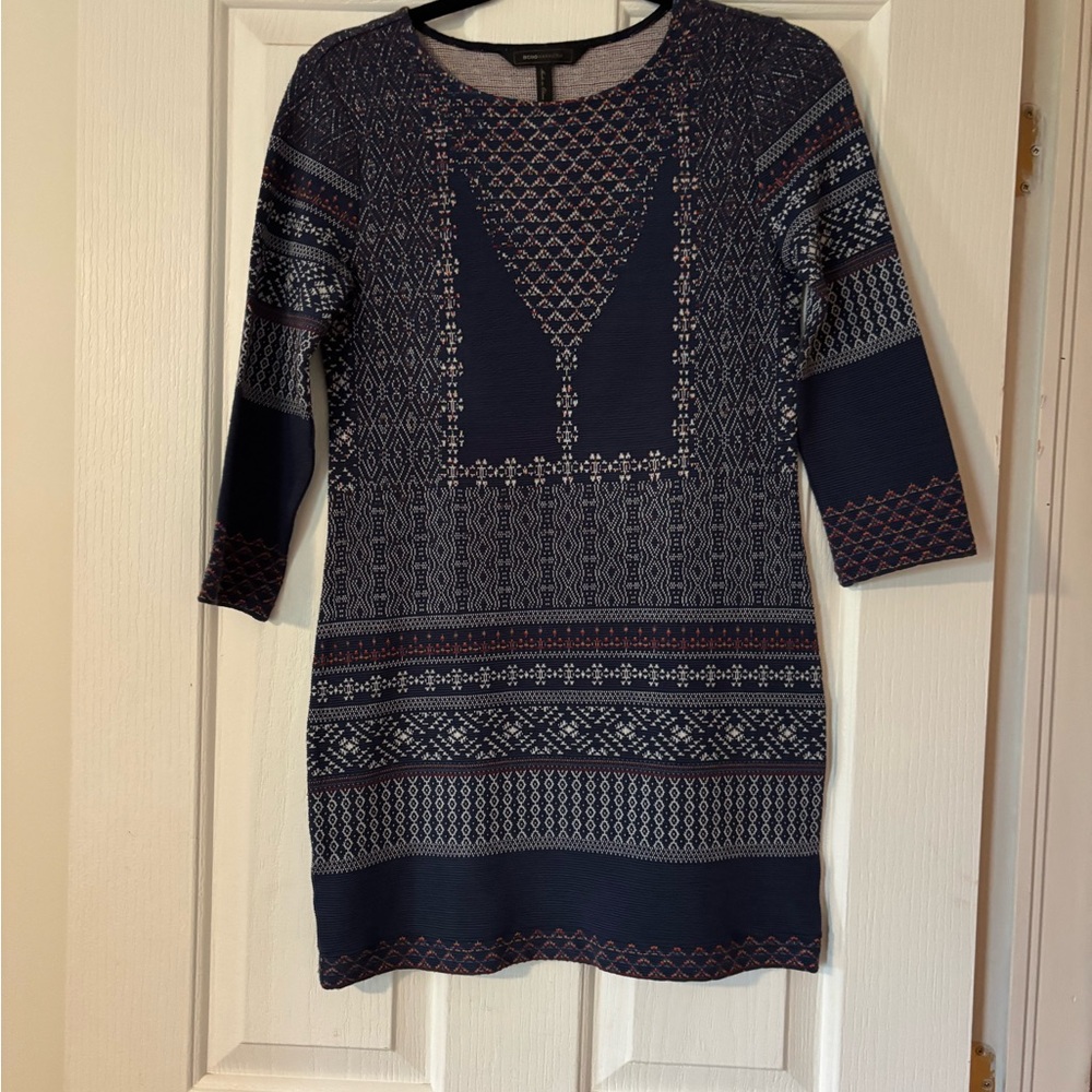 BCBGMaxAzria Navy and White Patterned 7/8 Sleeve Dress